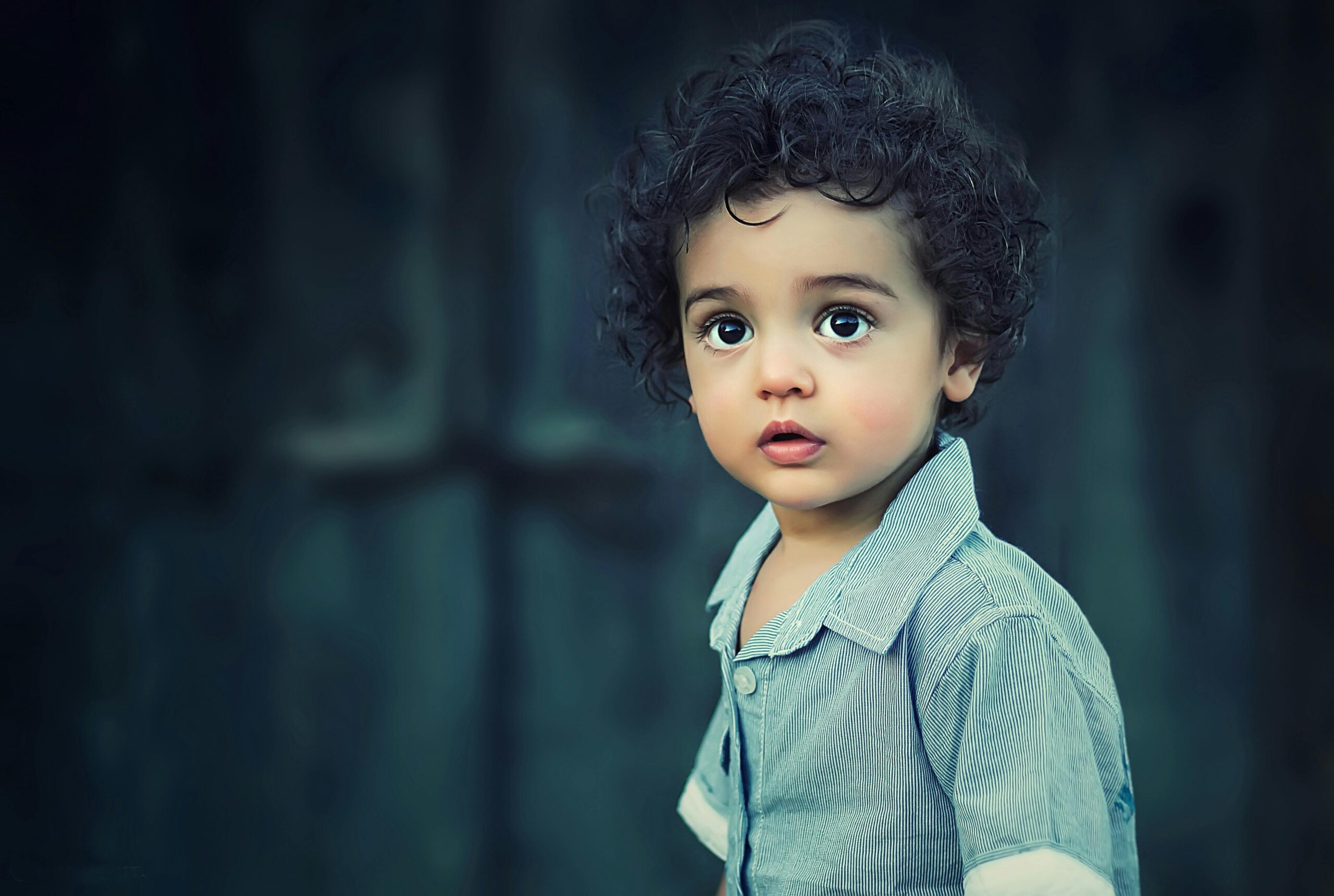 Charming portrait of a young boy with curly hair and striking eyes.