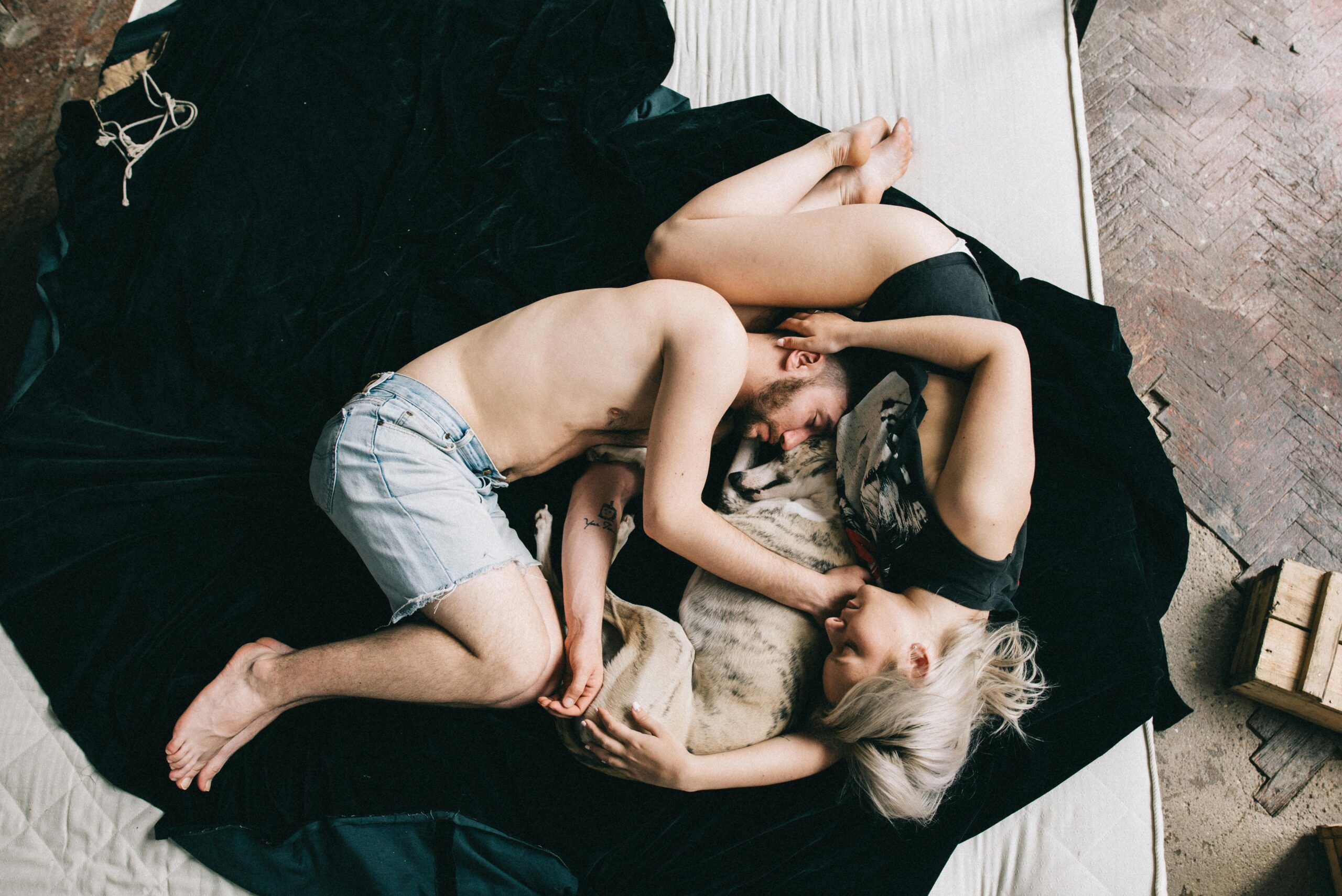 A couple peacefully cuddling with their pet dog indoors, depicting love and togetherness.